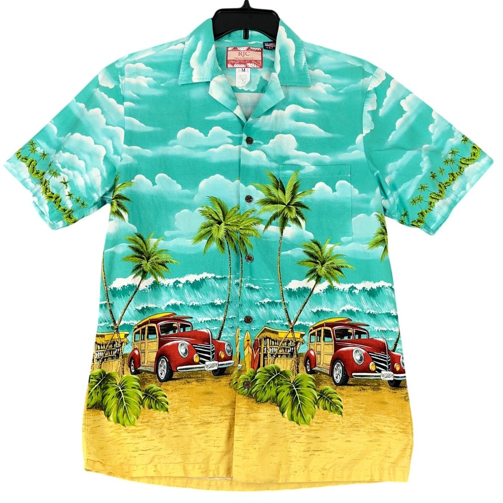 RJC Vintage Hawaiian Shirt M Made Hawaii Palm Surf Woody Beach Aloha Resort‎ 90s